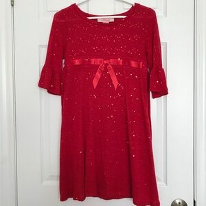 Bloome de jeune fille Red Round Neck Sequin Ruffle Half Sleeve Dress Midi